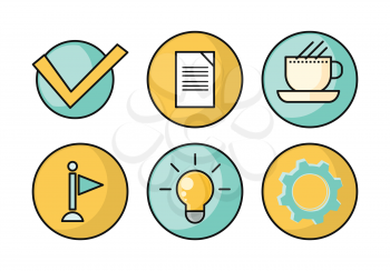 Set of business vector icons in flat style. Gear, bulb, info, coffee break, document pictograms. Illustration for application buttons, infogpaphics elements, logo, web design. On white background