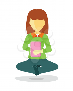 Young woman in lotus pose using her smartphone. Woman in green shirt and pants sitting with legs crossed. Woman icon. Isolated object in flat design on white background.