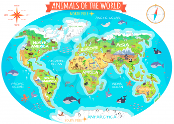 Animals of the world vector. Flat style. World globe with map of continents and different animals in their habitats. Northern, african, american, european, asian fauna. For children s book design 