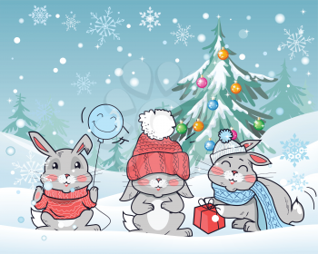 Christmas rabbits vector illustration. Flat style. Funny rabbits wear in hat, scarf, sweater with gift, smiling balloon seating on snow in snowfall near christmas tree hung with color ball toys