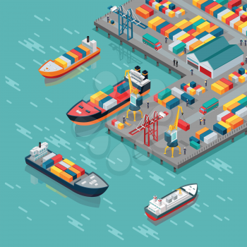 Warehouse port vector concept. Isometric projection. Ships with containers on the berth at the port, cranes, workers. cars, hangars ashore. Transatlantic carriage. For transport, delivery company land