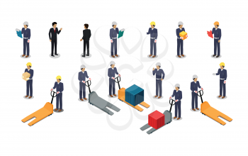 Set of employees of postal or warehouse company. Isometric projection. 3d vectors of manager, courier, worker in uniform, helmet with tablet, box and hydraulic transporter. Isolated on white  