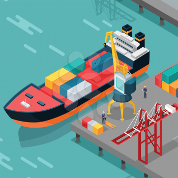 Warehouse port vector concept. Isometric projection. Ship with containers on the berth at the port, cranes, workers,  hangars ashore. Transatlantic carriage. For transport, delivery company landing pa