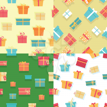 Seamless pattern with colorful gift boxes with fashionable ribbons and bows isolated. Present. Decorative stylish wrap for presents package. Modern packing product. Gifts web icon sign symbol. Vector