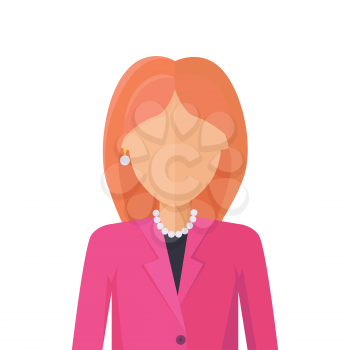 Young woman private avatar icon. Young woman in pink jacket with necklace. Social networks business private users avatar pictogram. Isolated vector illustration on white background.