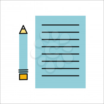 Drawing in pencil on sheet paper. Sheet paper with list. Sheet paper with pencil. Design element, icon in flat. Isolated object on white background. Vector illustration.