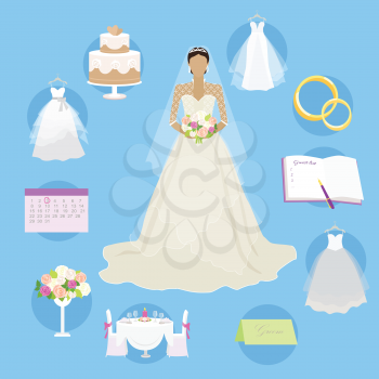 Fashion bride in luxury dress. Wedding elements in round buttons. Wedding planning, preparation, decor banners. Female character without face in white dress. Marriage concept, apps logos infographic