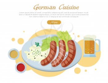 German cuisine web banner. Grilled Bavarian sausages on plate with vegetable garnish, sauce and pint of beer flat vector illustration on white background. Oktoberfest. For restaurant web page design