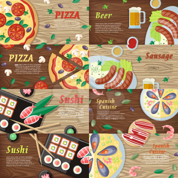 National dishes and drinks web banners. Pizza, beer, sausage, sushi, sea food horizontal concepts on wooden background. German, Japanese, Italian, Spanish cuisine famous meal. For restaurants web page
