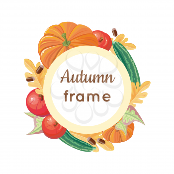 Autumn frame conceptual vector. Flat design. Round frame with ripe vegetables, fruits, trees leaves. Pumpkin, zucchini, apple, acorns illustrations. For portrait photo decoration, grocery, farm ad  