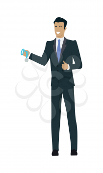 Business man with black hair in business suit and blue tie holding medal. Winner business concept. Business success and award concept. Smiling young man personage in flat design