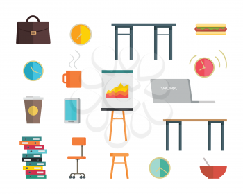 Interior office elements set in flat style. Table, chair, briefcase, laptop, round clock, folders, white board for presentations, cup, plate vector illustrations on white background. Office icon set