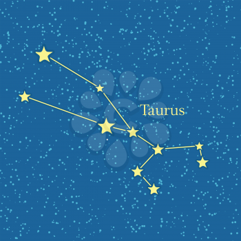 Night sky with Taurus constellation. Vector illustration. Traditional zodiacal sign on celestial sphere marked bright stars and lines. For astrological, astronomical, educational, science concepts