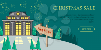 Christmas sale conceptual web banner. Flat style vector. Pointer with best store text points to mall building in holiday lights surrounded christmas trees, fireworks in sky. For winter holidays sales 