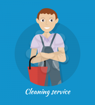 Cleaning service banner. Smiling young man in blue uniform with red bucket. House cleaning service, professional office cleaning, home cleaning, domestic cleaning service. Website template.