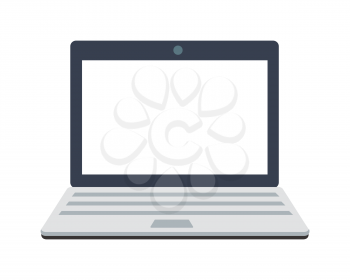 Gray laptop flat icon. Laptop flat icon with blank white screen. Laptop in front. Concept of IT communication, e-learning, internet network. Isolated object on white background. Vector illustration.