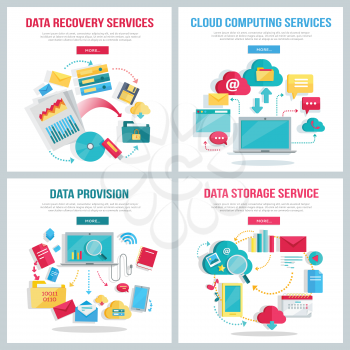 Data services set. Data provision, cloud computing services, data recovery service, data storage service banners. Networking communication and data icons on white background. Illustration in flat.