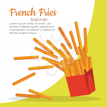 French fries banner. Crispy potatoes in red paper bag. Junk unhealthy food. Consumption of high calories nourishment fast food. Part of series of promotion healthy diet and good fit. Vector