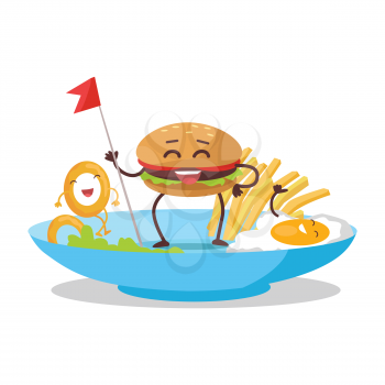 Fast food products concept vector. Flat design. For restaurants menu, diet concepts. Smiling hamburger holding flag on plate with french fries, eggs, onion ring. Tasty breakfast. Order in restaurant