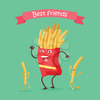 Best friends fast food products concept vector. Flat design. For restaurants menu illustrating, diet concepts, web design. Smiling and dancing carton portion of french fries. Tasty fried street snacks