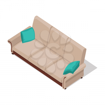 Sofa with pillows vector in isometric projection. Comfortable furniture illustration for stores advertising, icons, infographics, logo, web and games environment design. Isolated on white background
