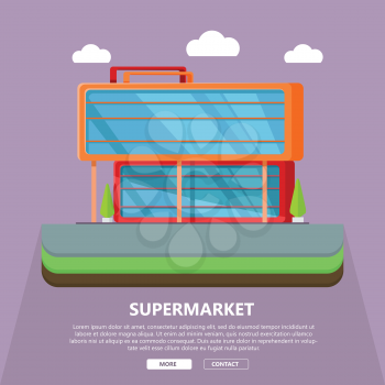 Supermarket web page template. Flat design. Commercial building concept illustration for web design, banners. Shop, shopping center, mall, supermarket, business center on purple background.