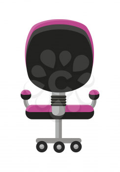 Purple office armchair icon. Office armchair in colorful flat design style. Armchair on wheels. Office workplace design element. Isolated object on white background. Vector illustration.
