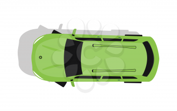 Green car from top view vector illustration. Flat design auto. Illustration for transport concepts, car infographic, icons or web design. Delivery automobile. Isolated on white background