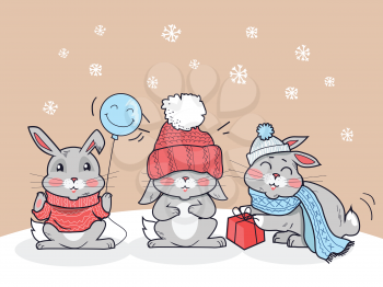 Happy winter friends. Three little rabbits in big red hat, scarf and lollipop. Funny bunny wearing warm cloth. Winter landscape with cartoon characters. Small hare in flat style design. Vector