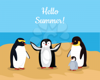Hello summer. Funny emperor penguins family on seaside. Black penguins with white belly. Animal adorable penguin vector character. Charming penguin. Wildlife characters greeting you. Vector