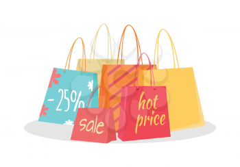 Set of paper bags with text sale, percentage, price. Buy now, sale tag, banner retail, icon label, store and shop purchase, marketing message and market commerce illustration. Shopping bags. Vector