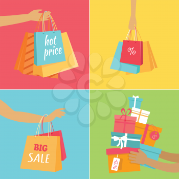 Big sale hot price in woman clothing store. Color shopping paper bags hanging on a female hand flat vector. Black friday. For seasonal sales and discounts promotions design. Boxes with gifts in hand