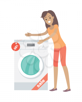 Woman buys washing machine in flat style isolated. Sale of household appliances. Electronic device. Home appliances. Laundry, washing, washing machine. Electric clothes washer. Washer skid. Vector