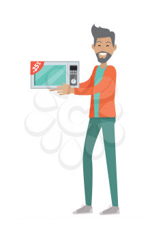 Discounts in electronics store concept. Smiling man standing with microwave bought on sale flat vector illustration on white background. Shopping on home appliances sellout. For shop promotions ad