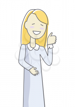 Happy smiling woman in blue dress. Woman icon. Successful woman with thumb up gesture. Woman rejoices, celebrates his victory, success, winner. Successful banner. Isolated object on white background