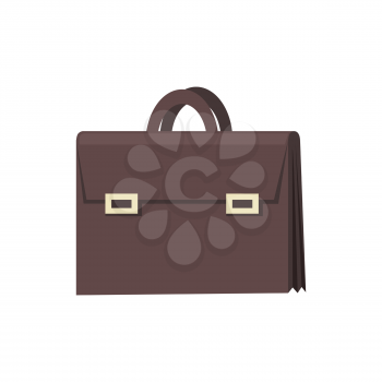 Brown briefcase icon in flat. Leather briefcase with handle and clasps. Businessman accessory. Business design element. Isolated vector illustration on white background.