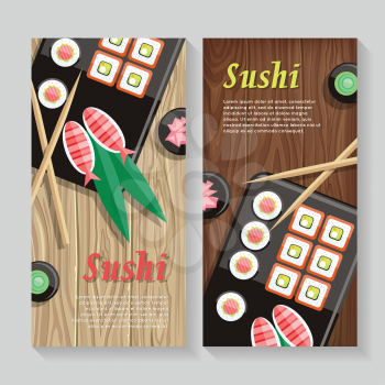 Japanese food illustration web banner. Japan sushi with wasabi and ginger. Restaurant asian food, rice and seafood, fish sushi, asia dinner, fresh sushi and chopstick, oriental lunch logo. Vector