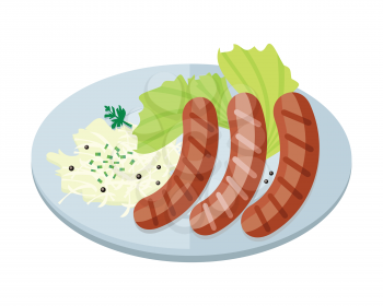 Bavarian sausages with pasta and lettuce on plate isolated. Three sausages with fried egg and lettuce salad in flat style design. Stylish snack. Nutrition lunch. Tasty breakfast. Vector illustration