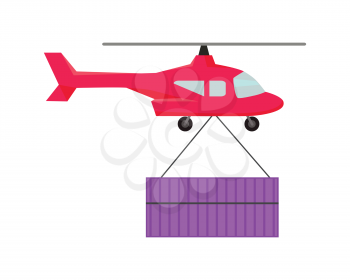 Helicopter worldwide warehouse delivering. Logistics container shipping and distribution. Transportation by water in mountains in desert and in snow. Loading and unloading boxes. Vector illustration