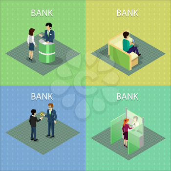Set of bank concept vectors in isometric projection. Banking services. Work with customers in bank. Illustration for business and finance companies ad, apps design, icons, infographics.  
