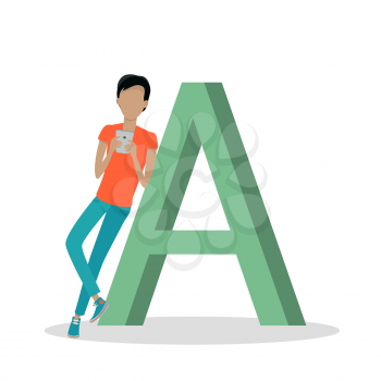 Gadget alphabet. Letter - A. Man with smartphone standing near letter. Modern youth with electronic gadgets. Social media network connection. Simple colored letter and people with electronic devices