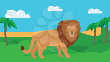 Funny lion in savanna. Lion king illustration. Lion walking on grass on savannah landscape. Animal adorable lion vector character. Natural landscape with desert and palm trees. Wildlife character