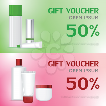 Gift voucher cosmetics template. Present for 50 percentage discount. Certificate coupon on buying professional natural organic sea cosmetics. Part of series of decorative cosmetics items. Vector