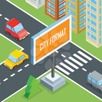 City format. Urban crossroads with cars and houses, pedestrians. Town street view 3d design concept with buildings, markings, road signs and traffic. Part of series of city isometric. Vector