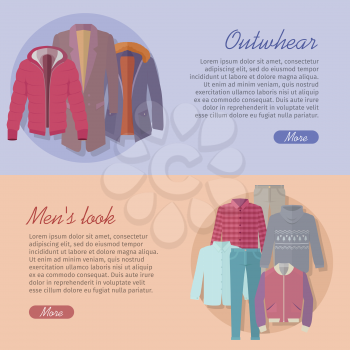 Outerwear mens look web banner. Autumn winter collection. Stylish fashionable man coat garment from popular designers. Best world brands trends. New collection of outwear models. Vector illustration