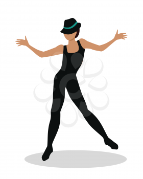 Jazz dancer in hat and long black suit. Tap Dance, Jitterbug, Swing dance, Lindy Hop, Modern jazz dance. Person entertain public on the fashion show at musical party. Fashion event. Vector