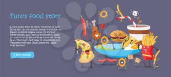 Funny food story conceptual banner web site design on blue background. Sausage pizza donut bacon chicken hamburger fries sugar potatoes eggs. Happy meal for children. Childish menu poster. Vector