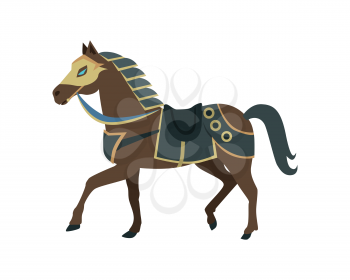 Knight s war horse in flat. Illustration of brown war horse. War horse icon. Knight s armored horse. Game object in flat design isolated on white background. Vector illustration