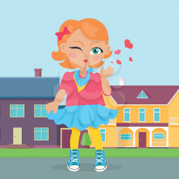 Young girl sent air kiss on sreet. Little cartoon lady sent kisses. I love you, first date, Valentines Day. School girl give a wink. Romantic toddler. Vector illustration in flat style