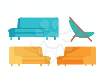 Set of luxury sofas and armchair. For modern room reception or lounge. Sofa in flat design. Living room house furniture. Detailed model illustration. Divan couch settee realistic objects. Vector